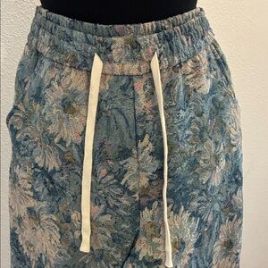 Blue Floral Tapestry Jogger Pants measure 34” to 36”waist 30” inseam